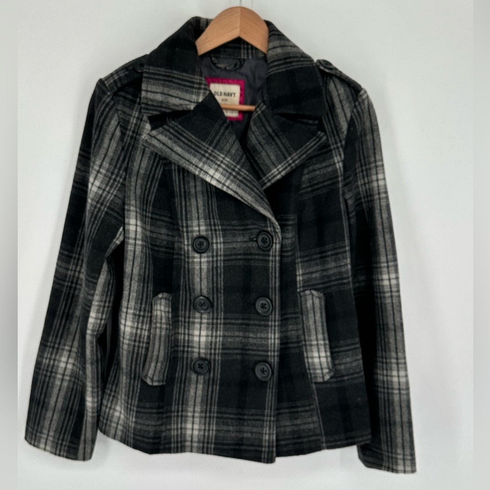Old Navy Women’s Sz M Wool Blend Gray Plaid Double Breasted Jacket Pea Coat V1 - Picture 1 of 6